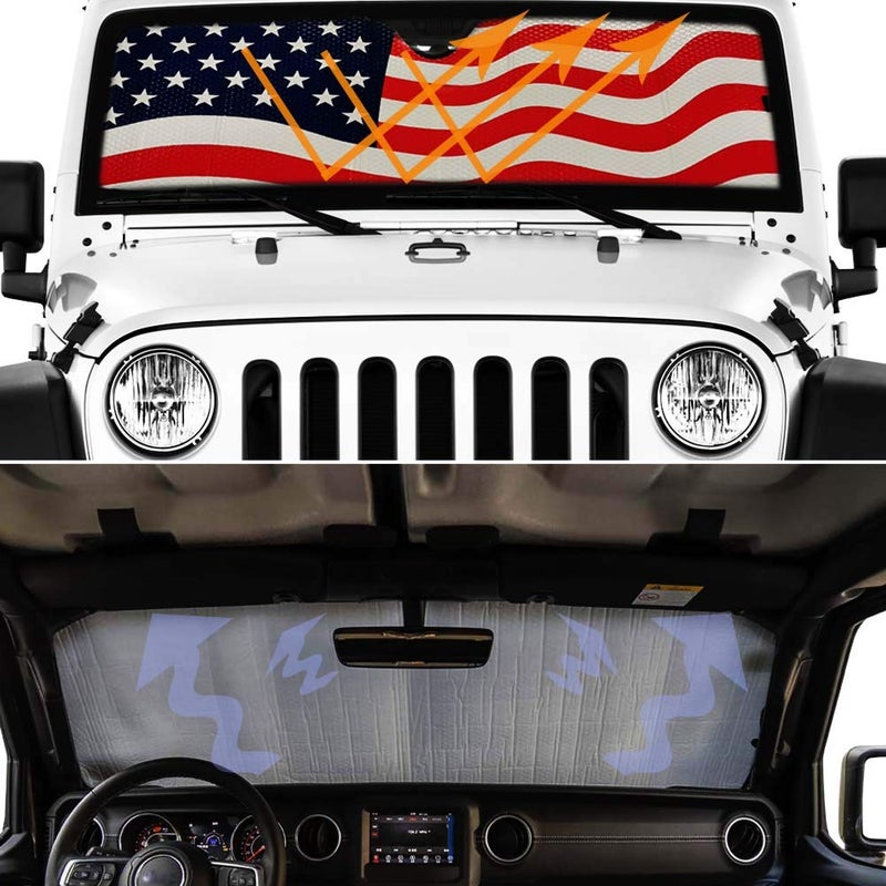 BIGANT Windshield Sun Shade for 2007-2023 Wrangler Rubicon Sahara TJ JK JKU 2 & 4 Door-Blocks UV Rays Sun Visor Protector,Car Sun Shade Keep Your Vehicle Cool,American Flag Car Sun Shade - Image 2